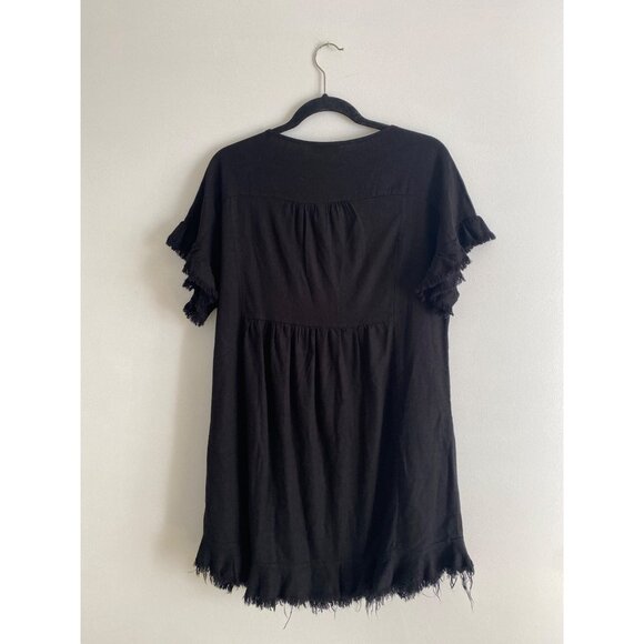 Umgee Black Linen Blend Fringe Hem Short Sleeve Tiered Dress With Pockets Size S - Picture 3 of 7